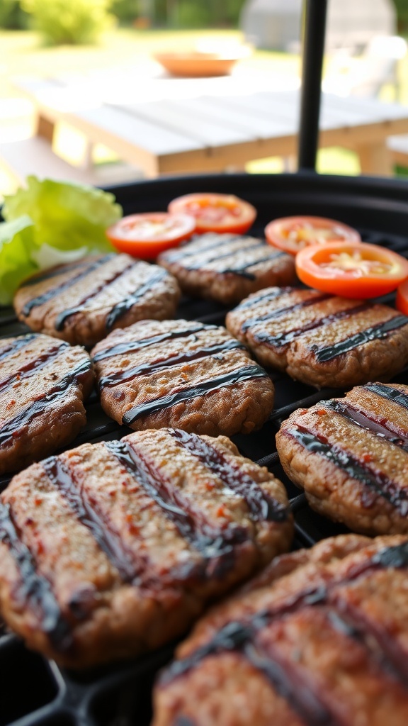 Grilled hamburger patties on a barbecue grill, seasoned and ready for burgers.